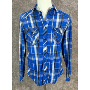 Helix Shirt Mens Medium Blue Plaid Athletic Fit Button Roll‎ Tab Sleeves Pockets